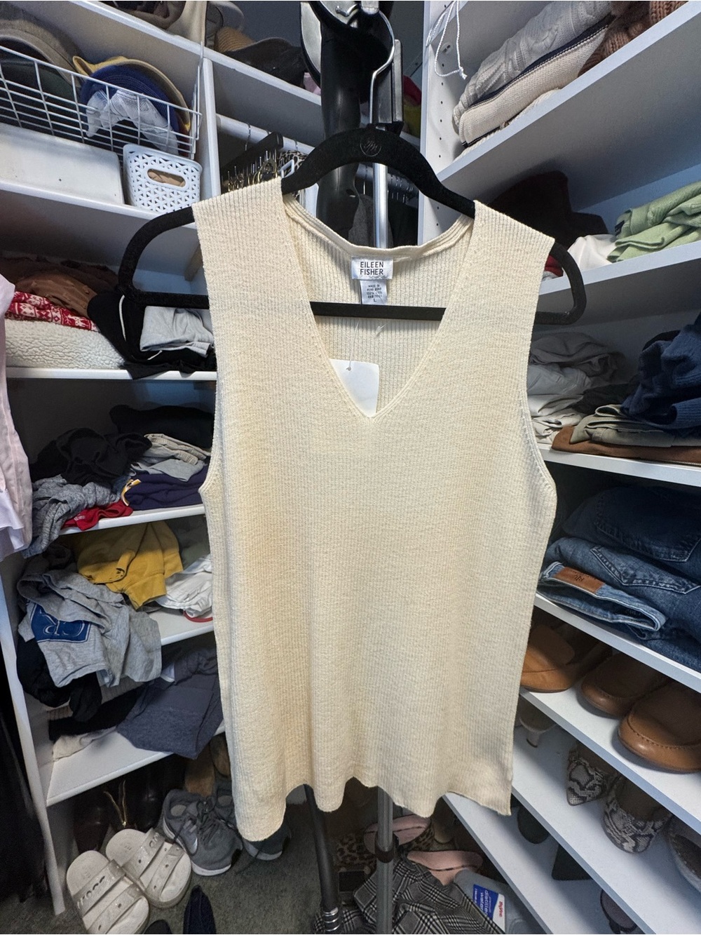 Eileen Fisher Ivory V-Neck Sleeveless Knit Tank